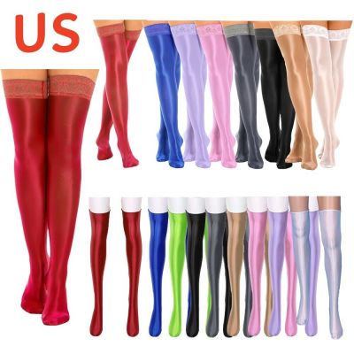 US Women's Soft Glossy Thigh High Socks Solid Color Lace Trim Stretchy Stockings